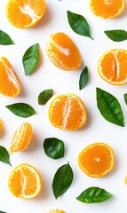 Fresh orange slices and leaves on white background (2)