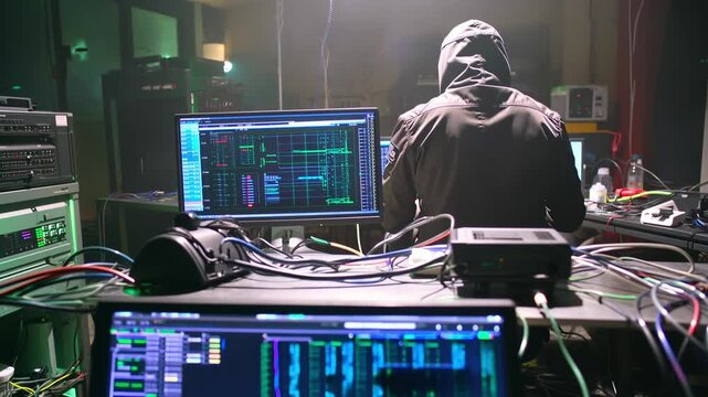Hooded hacker working intensely in dimly lit server room, infiltrating corporate network through complex digital breach, surrounded by glowing computer screens