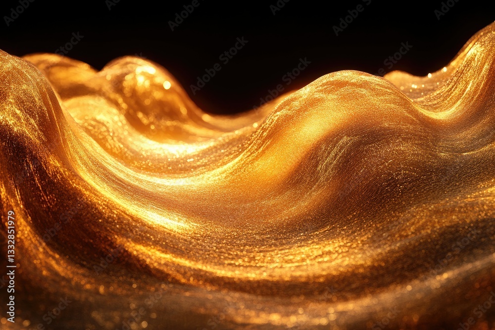 Poster golden liquid undulating like a shimmering, luxurious landscape under soft light.
