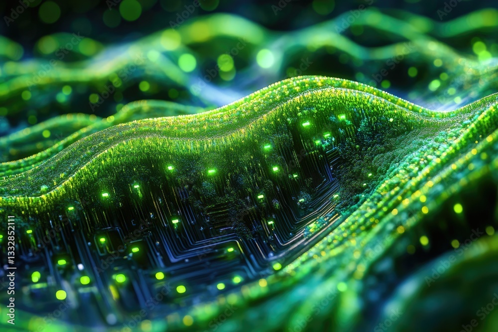 Poster Abstract representation of a flowing, glowing green circuit board, symbolizing data streams and technological advancement.
