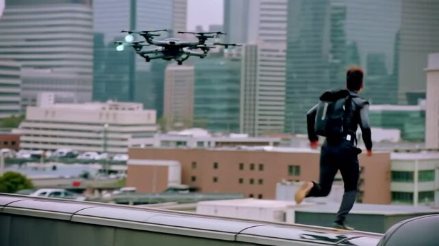 Intense rooftop pursuit unfolding with agent sprinting across urban skyline, narrowly evading surveillance drone tracking movement against towering skyscrapers during high stakes chase sequence