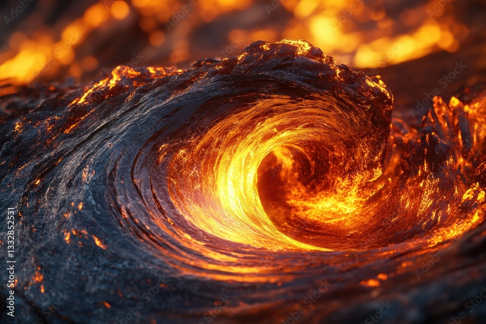 Poster molten lava forms a mesmerizing wave, fiery and intense, a swirling vortex of heat and destruction.