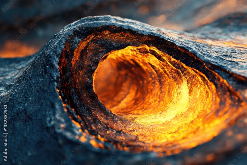 Aufkleber Glowing orange lava flows within a dark, textured rock formation, creating a mesmerizing natural tunnel.