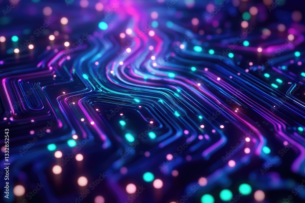 Poster Abstract digital circuit board with glowing neon lines and nodes, representing data flow and connectivity.