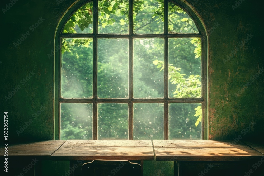 Poster sunlit green leaves seen through an arched window in a rustic room with wooden table.