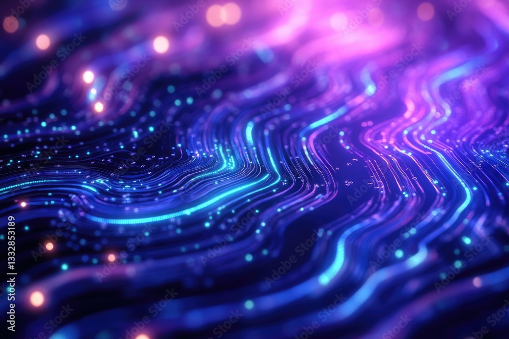 Poster Abstract digital wave background with glowing neon lines and particles, depicting data flow and technology.