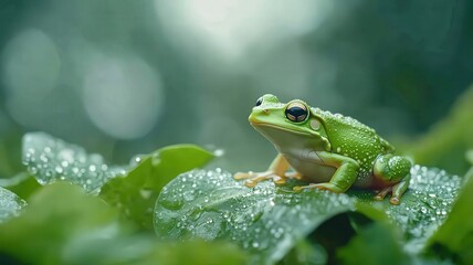 Obraz premium Green Frog on Dew-Covered Leaves in Lush Forest