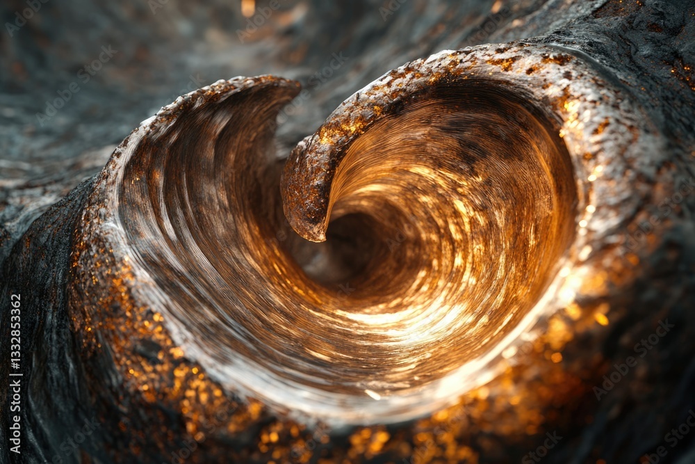 Poster a mesmerizing swirling vortex of metallic texture, glowing with inner light, resembling a cosmic whi