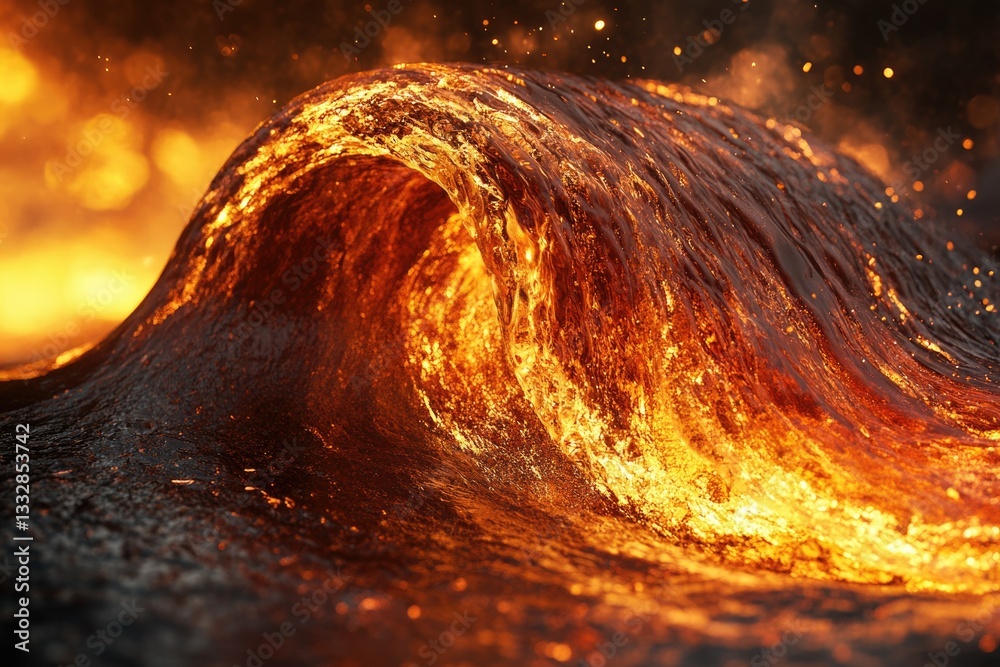 Poster fiery wave of molten lava crashes, creating a breathtaking spectacle of intense heat and light.