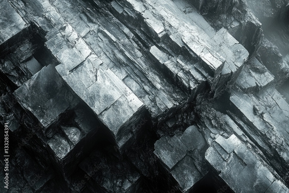 Poster a grayscale image showcases a rugged, layered rock formation with a distinct, blocky texture.