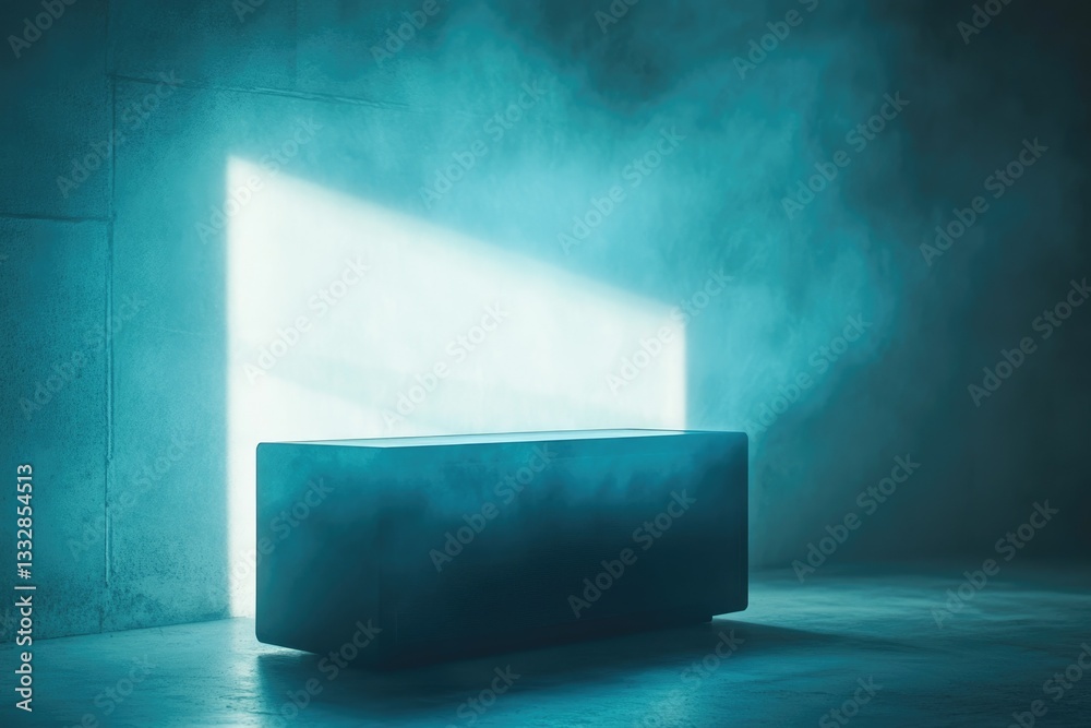 Poster A teal-colored block sits in a dimly lit room, bathed in a soft light beam, creating an ethereal atmosphere.
