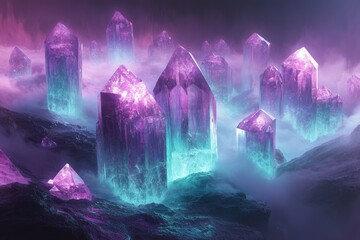 A mystical landscape of glowing purple and teal crystals emerging from a misty terrain.