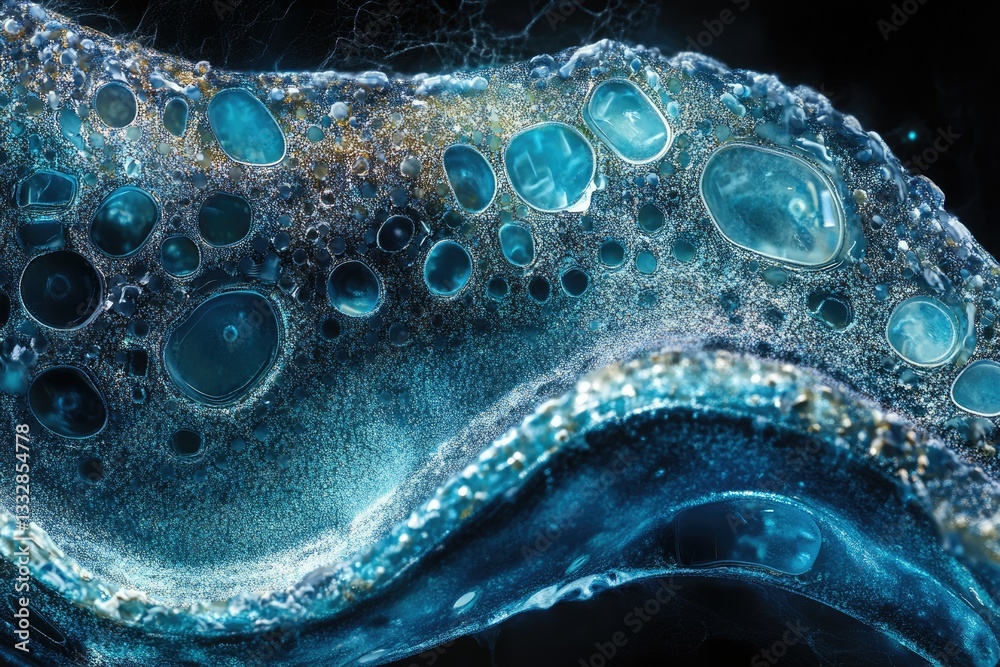 Poster Abstract close-up of a vibrant blue, textured surface with various-sized bubbles, resembling a microscopic view of cellular structures.