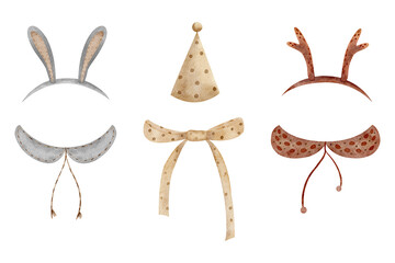 Hare ears, deer horns, party hat, bow. Costume, headbands for Christmas and New Year. Watercolor illustration on isolated background for masquerade, party greeting cards design, invitations decoration