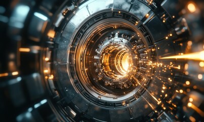 Fototapeta premium Intricate View of a High-Tech Bank Vault Mechanism Splitting Open to Reveal a Complex Inner Structure with Streaming Light Effects and Metallic Details