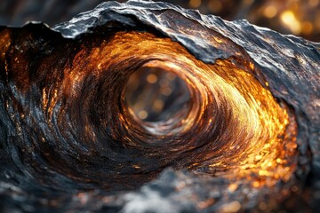 Glowing, swirling vortex of dark stone and fiery light, resembling a tunnel or wave.