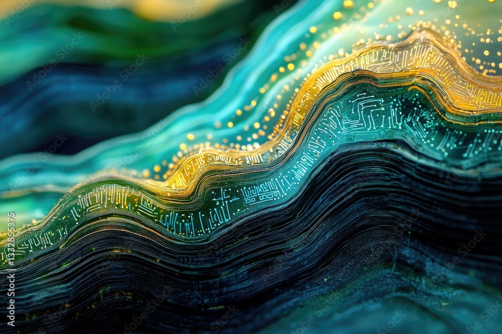 Poster abstract artwork depicting layered circuit boards resembling a flowing landscape, showcasing technol
