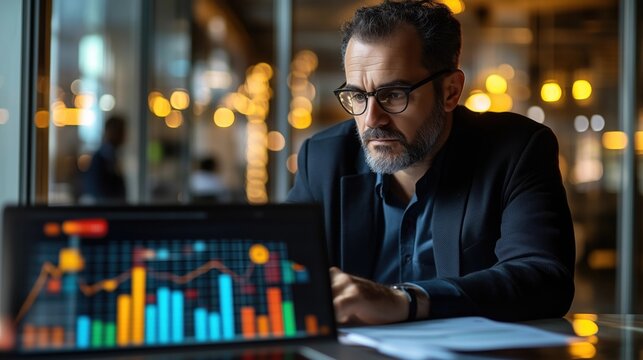 A serious financial controller working on his desk, analyzing financial data in a modern office. - Powered by Adobe