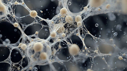 Interconnected network. a complex web of filaments and bubbles, resembling a neural network or a fungal hyphae. Fungal Web. Illustration
