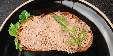 Pate meat chicken liver tasty fresh gourmet food background on the table rustic food top view copy space