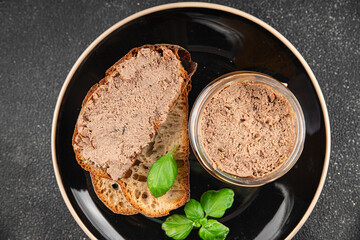 Pate meat chicken liver tasty fresh gourmet food background on the table rustic food top view copy...
