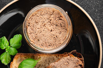 Pate meat chicken liver tasty fresh gourmet food background on the table rustic food top view copy space