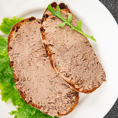 Pate meat chicken liver tasty fresh gourmet food background on the table rustic food top view copy space