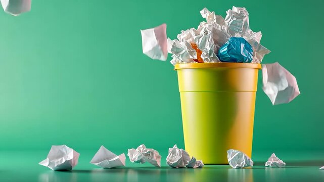 Colorful trash overflowing from a bright yellow bin against a vibrant green backdrop