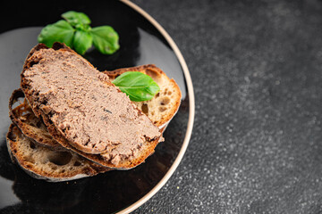 Pate meat chicken liver tasty fresh gourmet food background on the table rustic food top view copy space