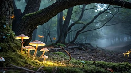 Ethereal glow of mushrooms in enchanting forest setting