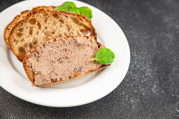 Pate meat chicken liver tasty fresh gourmet food background on the table rustic food top view copy space