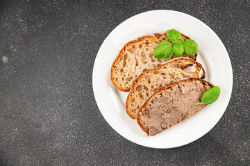 Pate meat chicken liver tasty fresh gourmet food background on the table rustic food top view copy space