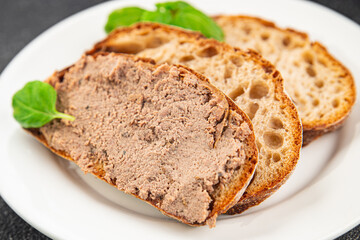 Pate meat chicken liver tasty fresh gourmet food background on the table rustic food top view copy space