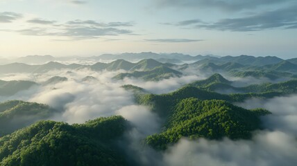 Sunrise Aerial View of Foggy Green Hills and Valleys