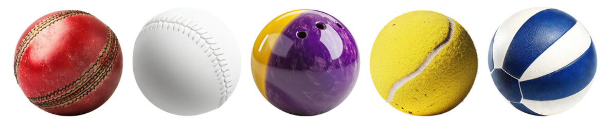 Collection of Diverse Sports Balls Including Cricket, Tennis, and Bowling, Isolated on Transparent Background
