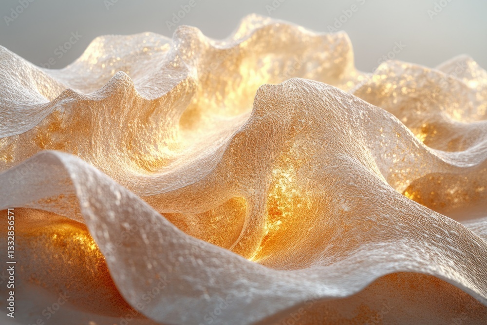 Poster glowing, textured fabric drapes in soft, undulating waves, illuminated from within.