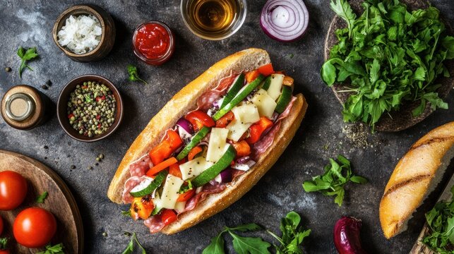 A footlong sub sandwich loaded with deli meats, cheese, and fresh vegetables