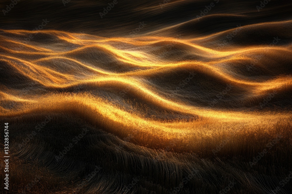 Poster golden wheat field, undulating landscape bathed in sunset light, creating a mesmerizing scene of nat