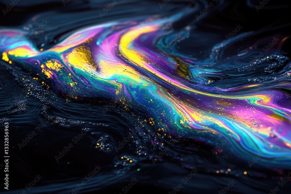 Aufkleber vibrant iridescent oil slick swirls on dark water, creating an abstract, mesmerizing pattern.
