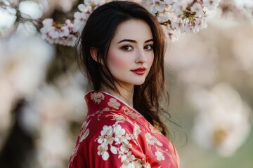 A beautiful woman in a red embroidered kimono stands amidst blooming cherry blossoms.
