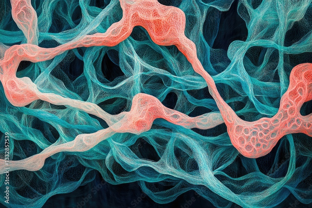 Poster abstract art depicting a complex network of interconnected, flowing, coral-like forms in teal and pe