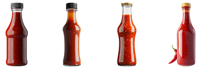 Variety of Bottled Sauces with Different Caps and Textures, Isolated on Transparent Background