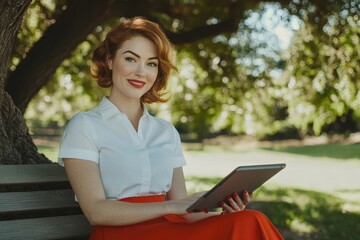 A smiling redhead woman in a retro style outfit uses a tablet while sitting on a park bench under a tree.