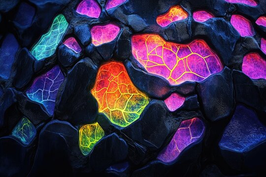 Vibrant, multicolored veins illuminate dark, cracked rock formations, creating a surreal, abstract landscape. - Powered by Adobe