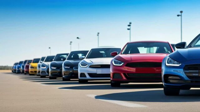 A number of new modern, diverse, different colors of cars. Modern, refurbished cars lined up in an asphalt parking lot under a clear blue sky, showing off dealer inventory.