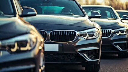 Luxury car dealership showcasing row of premium black sedans. High-end vehicles displayed in perfect alignment with identical grilles and headlights gleaming under ambient lighting in elegant showroom
