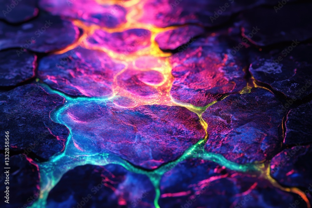 Poster vibrant, neon-lit cracks illuminate a dark, textured stone surface, creating a surreal and captivati
