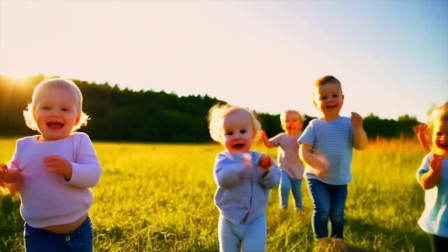 Happy small children and infants playing and running on green grass, enjoying a joyful outdoor moment.
