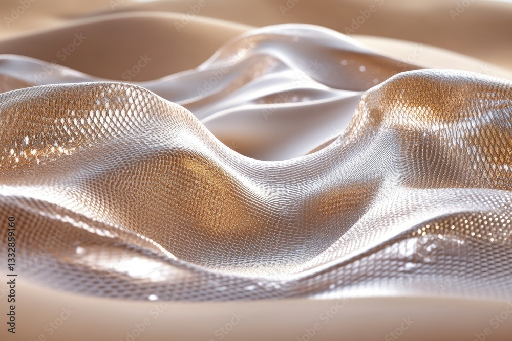 Poster Abstract image of a flowing, textured, metallic beige fabric with a grid-like pattern, creating a wavy, undulating surface.