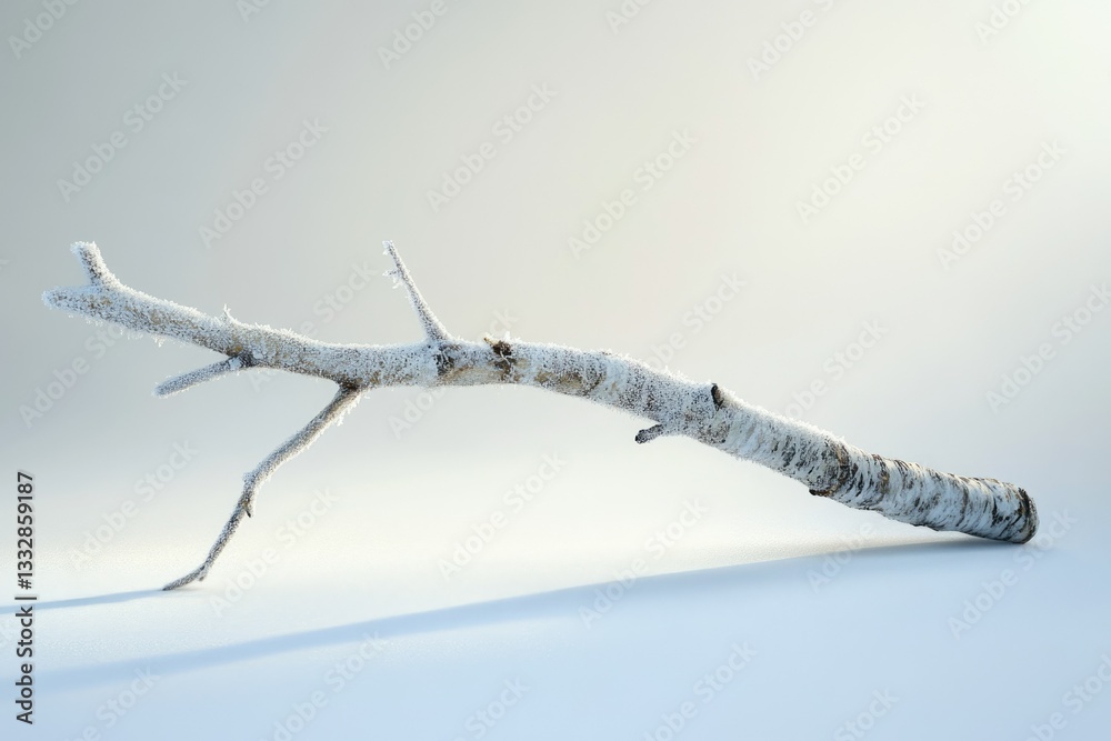 Poster a frost-covered branch rests on a pristine white surface, evoking winter's serenity.